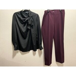 Bundle 2pcs Eloquii Black Satin Bow Blouse 16 & Lena Gabrielle Burgundy Pant 14